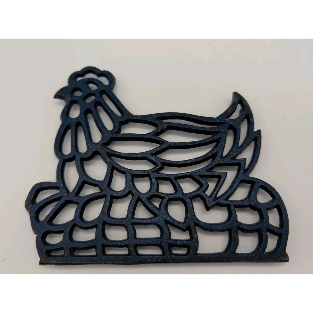 Vtg Hen On Nest Cast Metal Trivet Chicken Blue Farmhouse